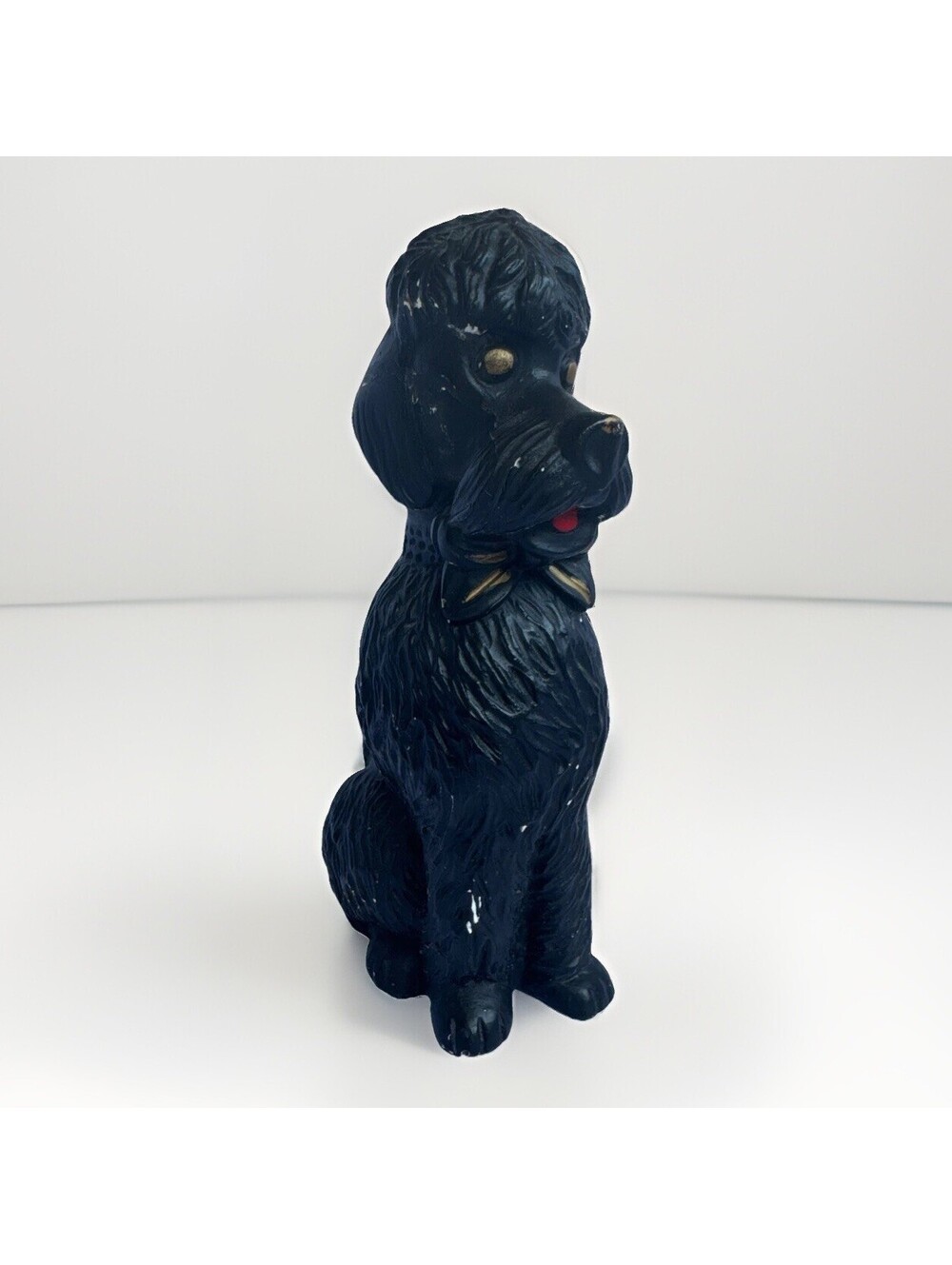 Vintage 1950s Black Poodle Figurine Sitting 8” Bow Tie Kitsch Hand Painted MCM